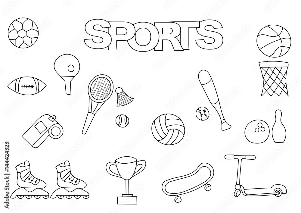 Hand drawn sports set coloring book template outline doodle elements vector illustration kids game page vector
