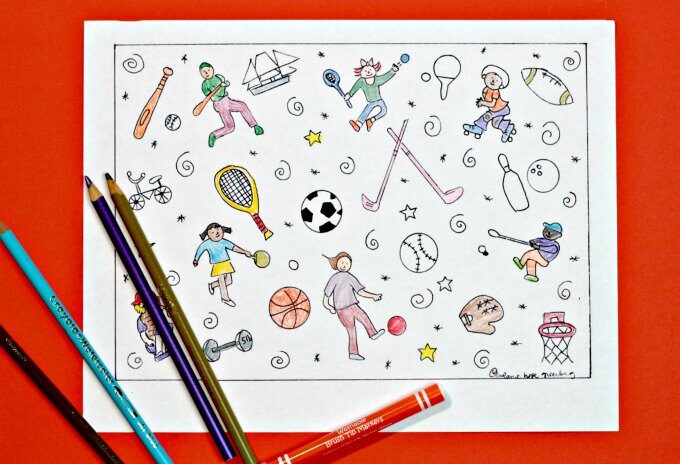 Sports coloring page with over different sports