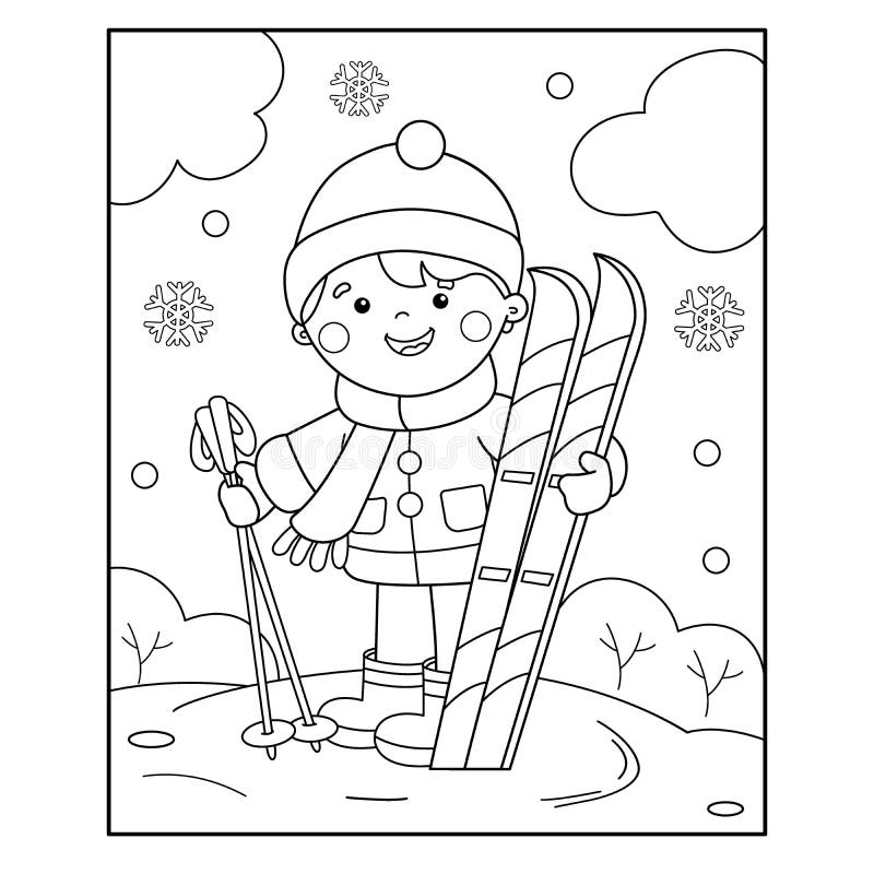 Coloring page outline of cartoon boy with skis winter sports stock vector