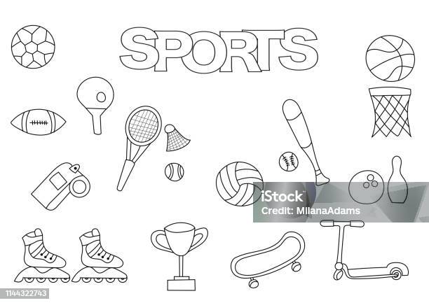 Hand drawn sports set coloring book template stock illustration