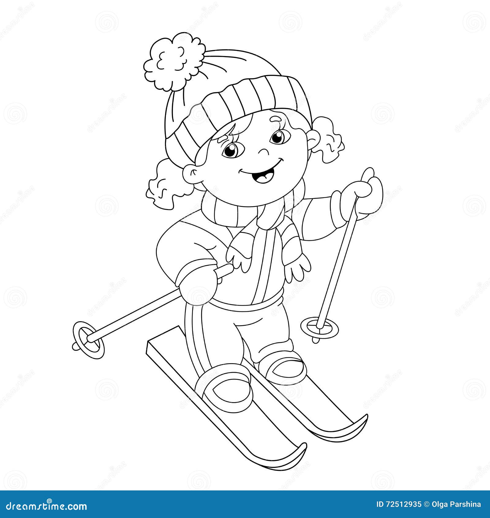 Coloring page outline of cartoon girl riding on skis stock vector