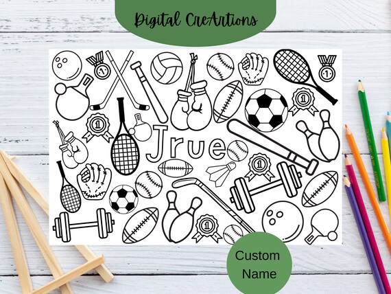 Custom sports coloring page kids activity sports theme party activity sports printable coloring page school activity kids printable pdf