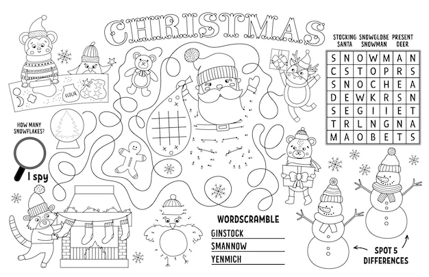 Premium vector vector christmas placemat for kids winter holiday printable activity mat with maze tic tac toe charts connect the dots find difference black and white new year play mat or