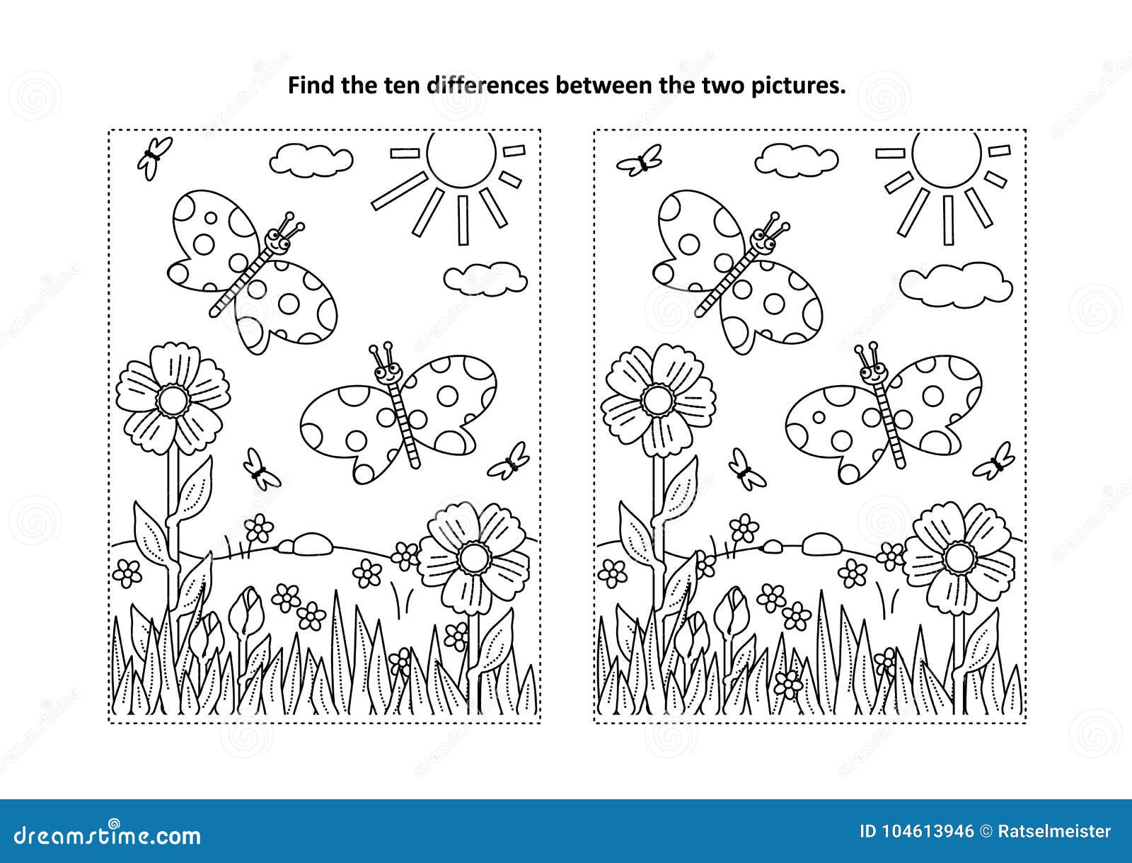 Find the differences visual puzzle and coloring page with butterflies stock vector