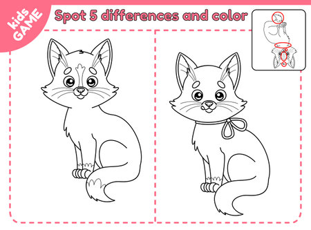 Spot differences and color it finding the difference game for kids coloring book with cartoon cat educational worksheet for preschool and school children cute vector illustration ù ùùø øªøµù ùù ù