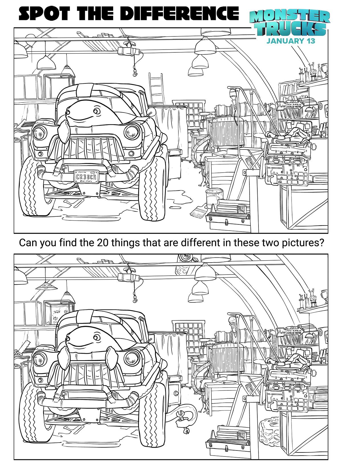 Monster trucks spot the differences coloring page