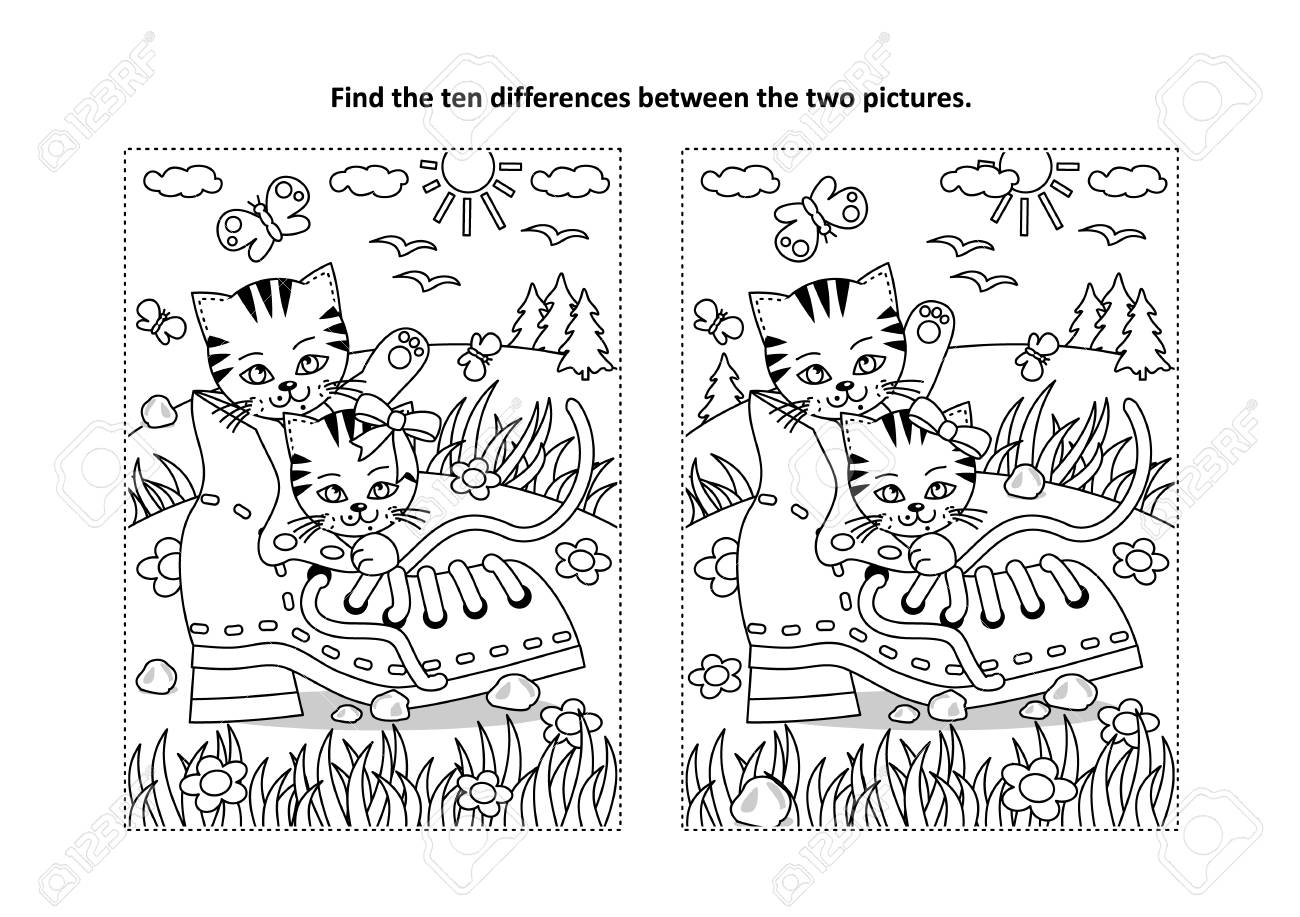 Find the ten differences picture puzzle and coloring page with two cute playful kittens and old shoe royalty free svg cliparts vectors and stock illustration image