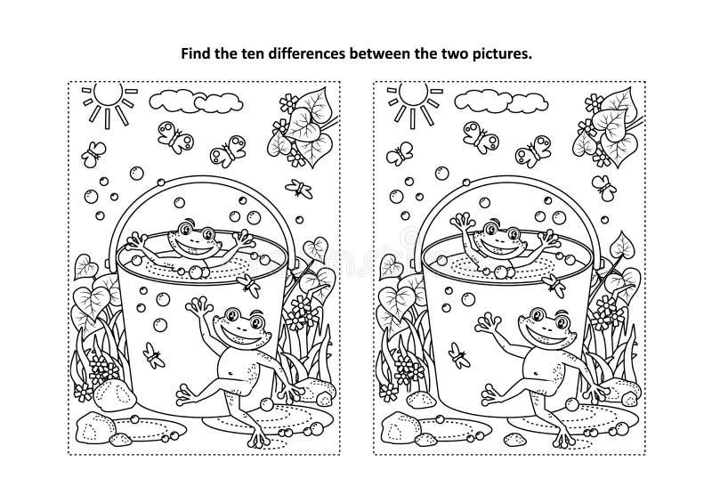 Find the differences visual puzzle and coloring page with frogs in a bucket stock vector