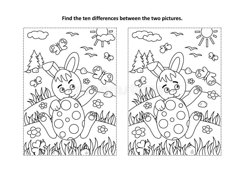 Easter find the differences visual puzzle and coloring page with bunny and painted egg stock vector