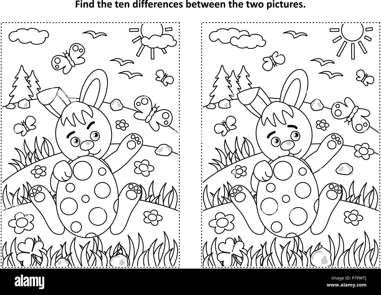 Easter holiday themed find the ten differences picture puzzle and coloring page with bunny and painted egg rural scene stock vector image art