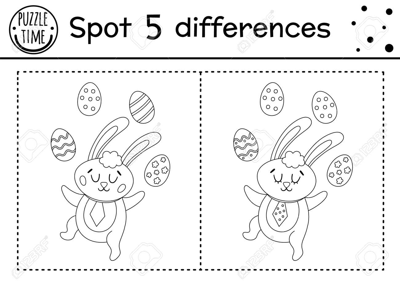 Easter find differences game for children holiday black and white educational activity and coloring page with funny bunny juggling the eggs spring seasonal printable worksheet with cute character royalty free svg cliparts