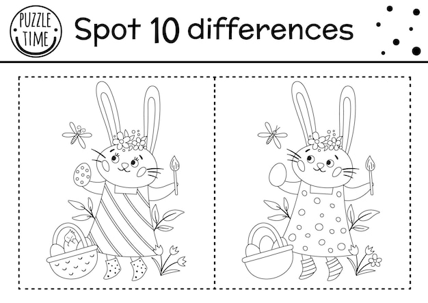 Premium vector easter find differences game for children holiday black and white educational activity and coloring page with funny bunny coloring egg spring seasonal printable worksheet with cute character xa