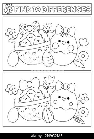 Easter black and white kawaii find differences game coloring page with cute animals in toy vending machine spring holiday puzzle or activity for kid stock vector image art