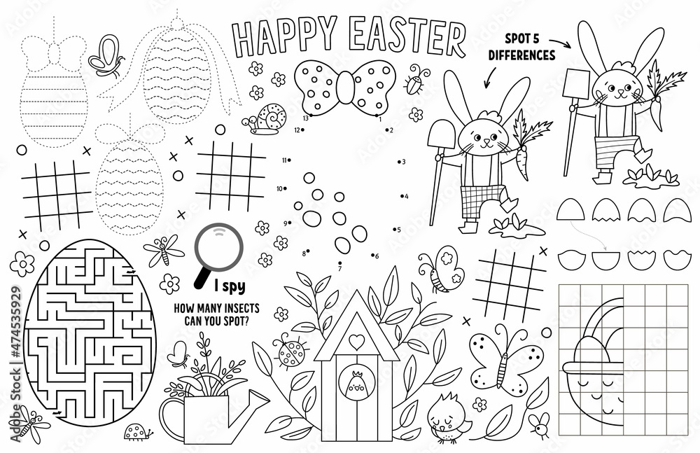 Vector easter placemat for kids spring holiday printable activity mat with maze tic tac toe charts connect the dots find difference black and white play mat or coloring page vector