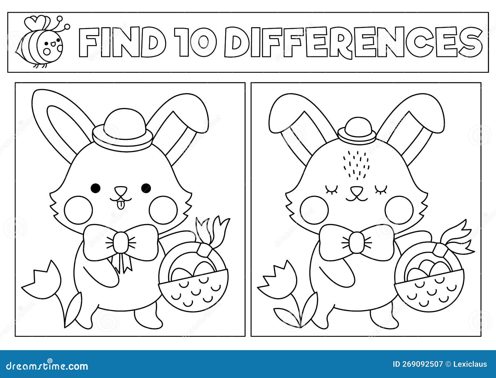 Easter black and white kawaii find differences game coloring page with cute bunny going on egg hunt with basket stock vector