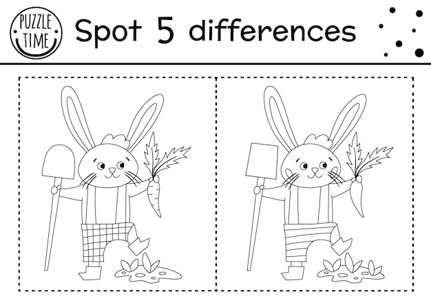 Premium vector easter find differences game for kids holiday black and white activity and coloring page with bunny