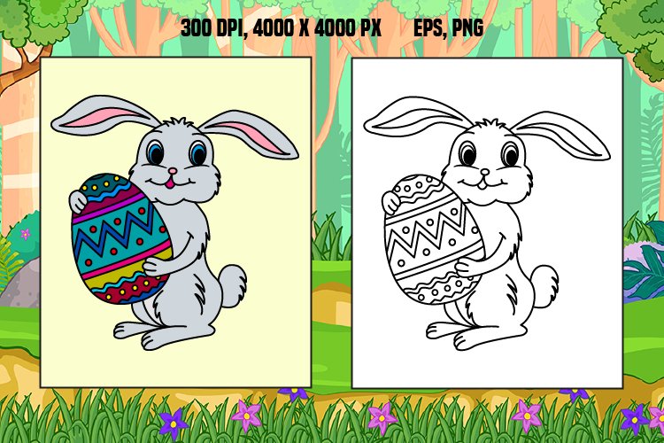 Cute easter bunny with egg for coloring page