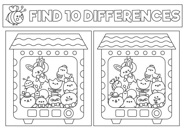 Easter black and white kawaii find differences game coloring page with cute animals in toy vending machine spring holiday puzzle or activity for kids with characters what is different worksheet stock illustration