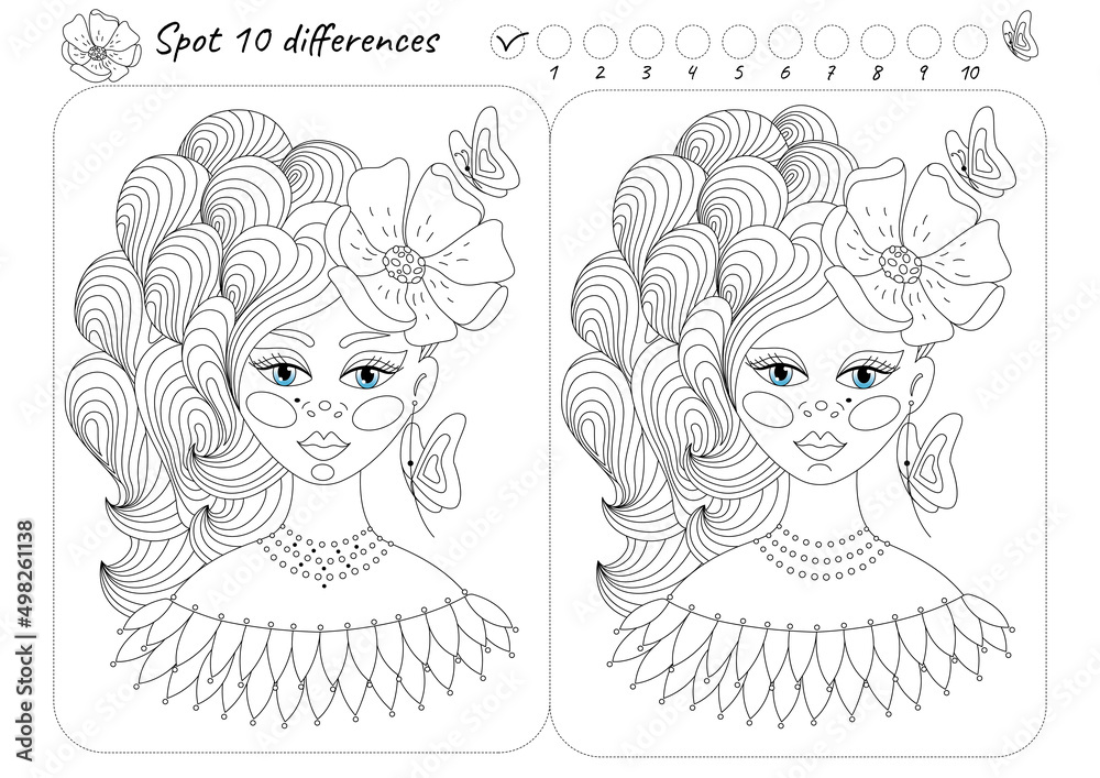 Spot find the ten differences picture puzzle and coloring page with a beautiful face of a princess girl with a hairstyle surrounded by butterflies and flowers outline vector illustration isolated vector