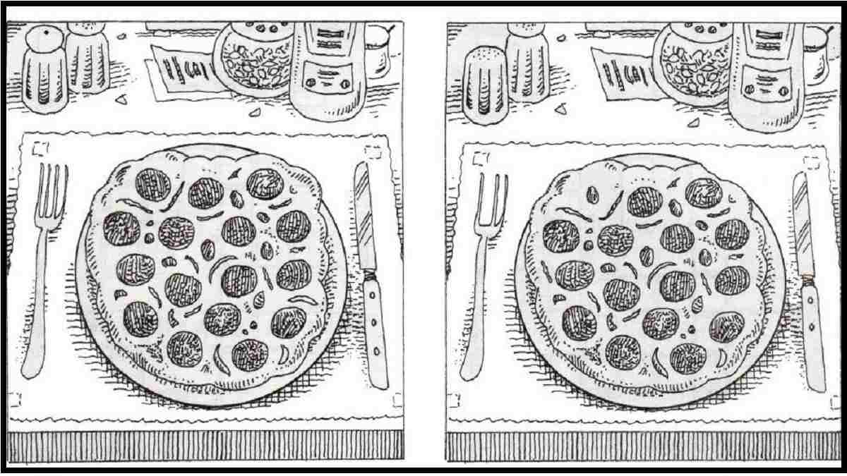 Spot differences between two identical looking pictures of a table with pizza