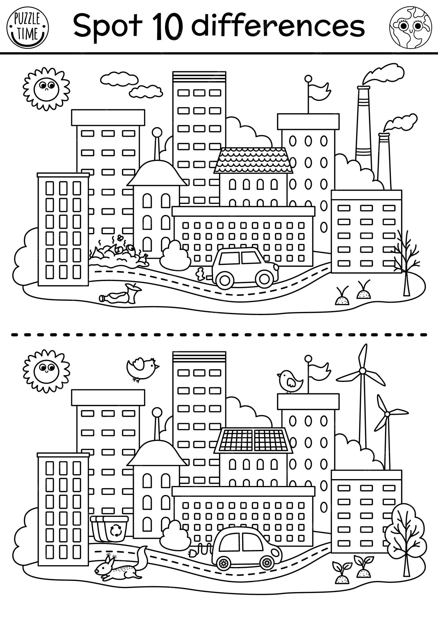 Premium vector find differences game ecological black and white educational activity with eco town or city earth day line puzzle for kids eco awareness or zero waste printable coloring page