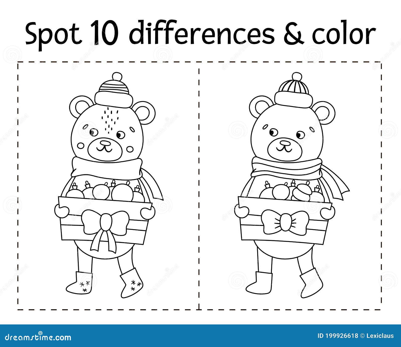 Christmas find differences and color game for children winter black and white educational activity with funny bear stock vector