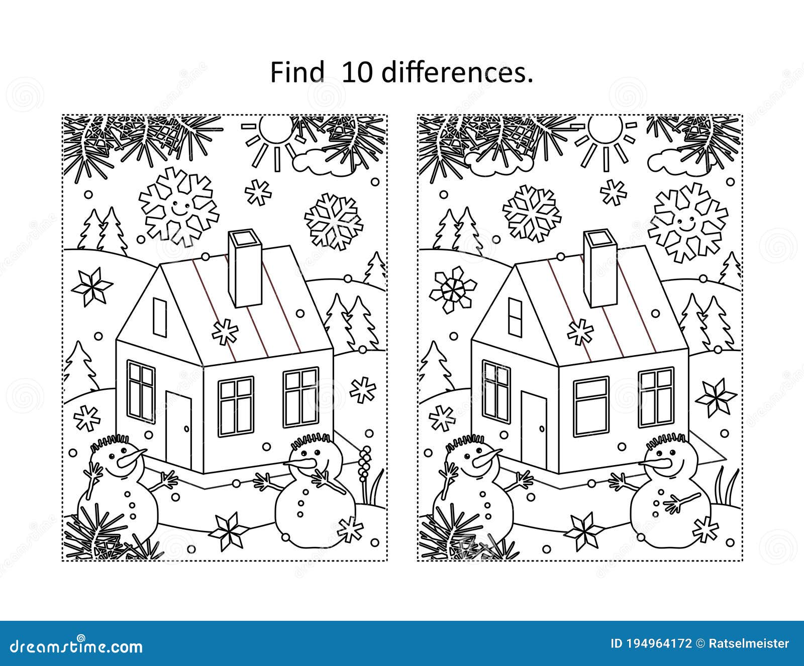 Cabin in winter find the differences picture puzzle and coloring page stock vector