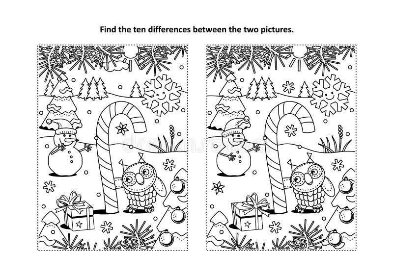 Find the differences visual puzzle and coloring page with magical candy cane stock vector