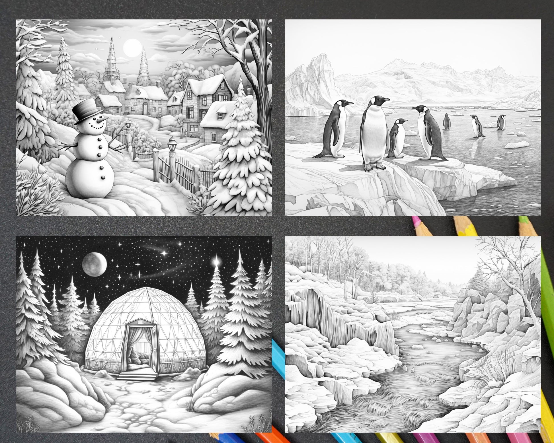 Enchanting winter landscapes grayscale coloring pages for adults i â coloring