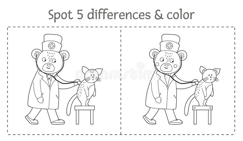 Medical find differences game and coloring page for children medicine preschool activity with doctor examining patients lungs stock vector