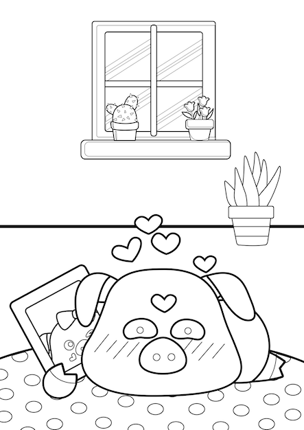 Premium vector lovely cute pig in love coloring page for kids and adult