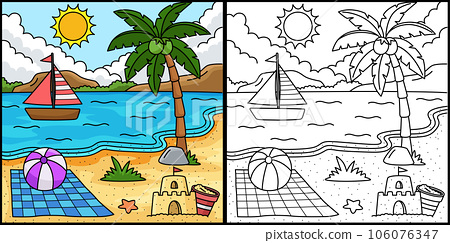 Beach summer coloring page colored illustration