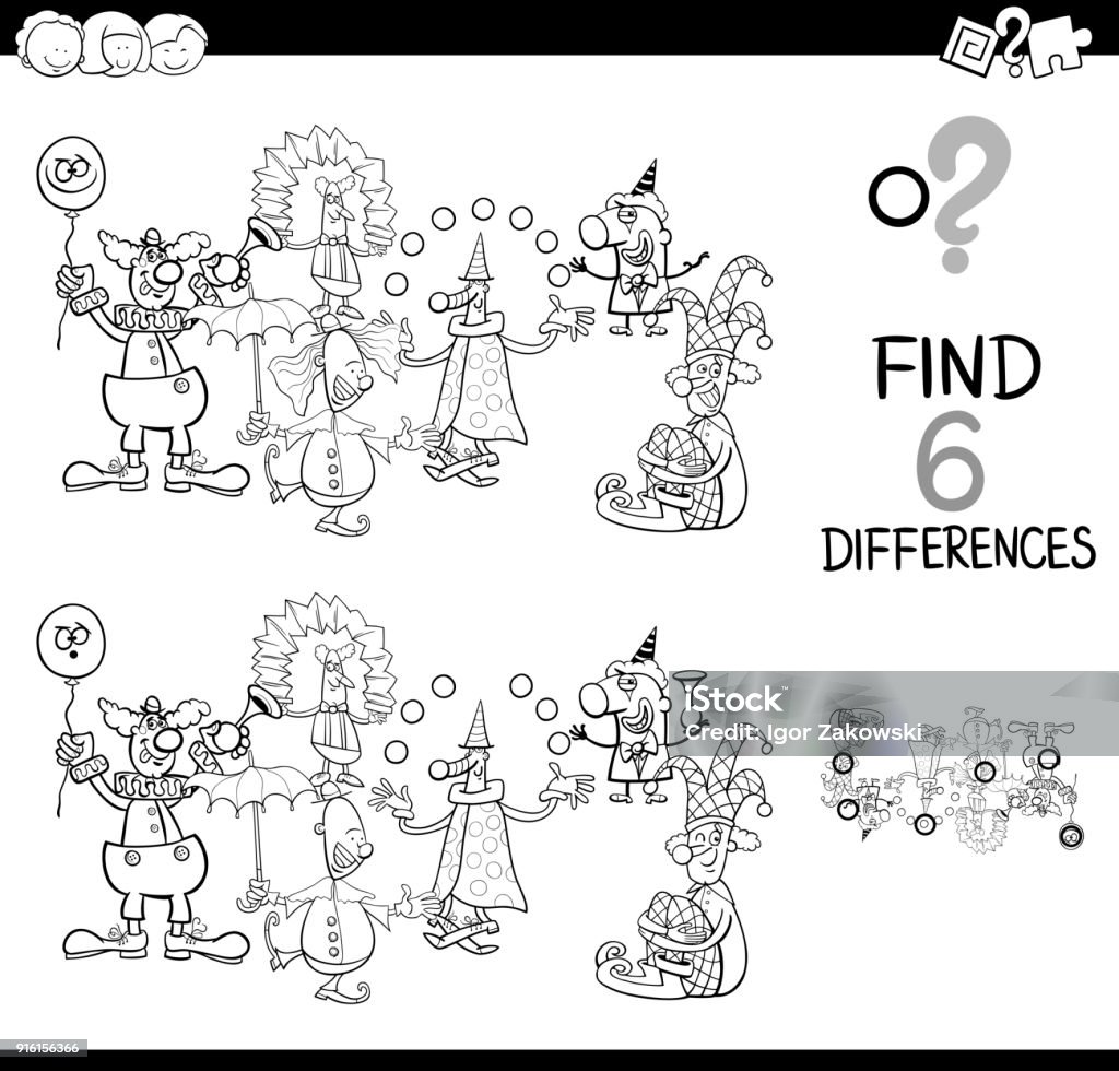 Differences game with clowns coloring book stock illustration