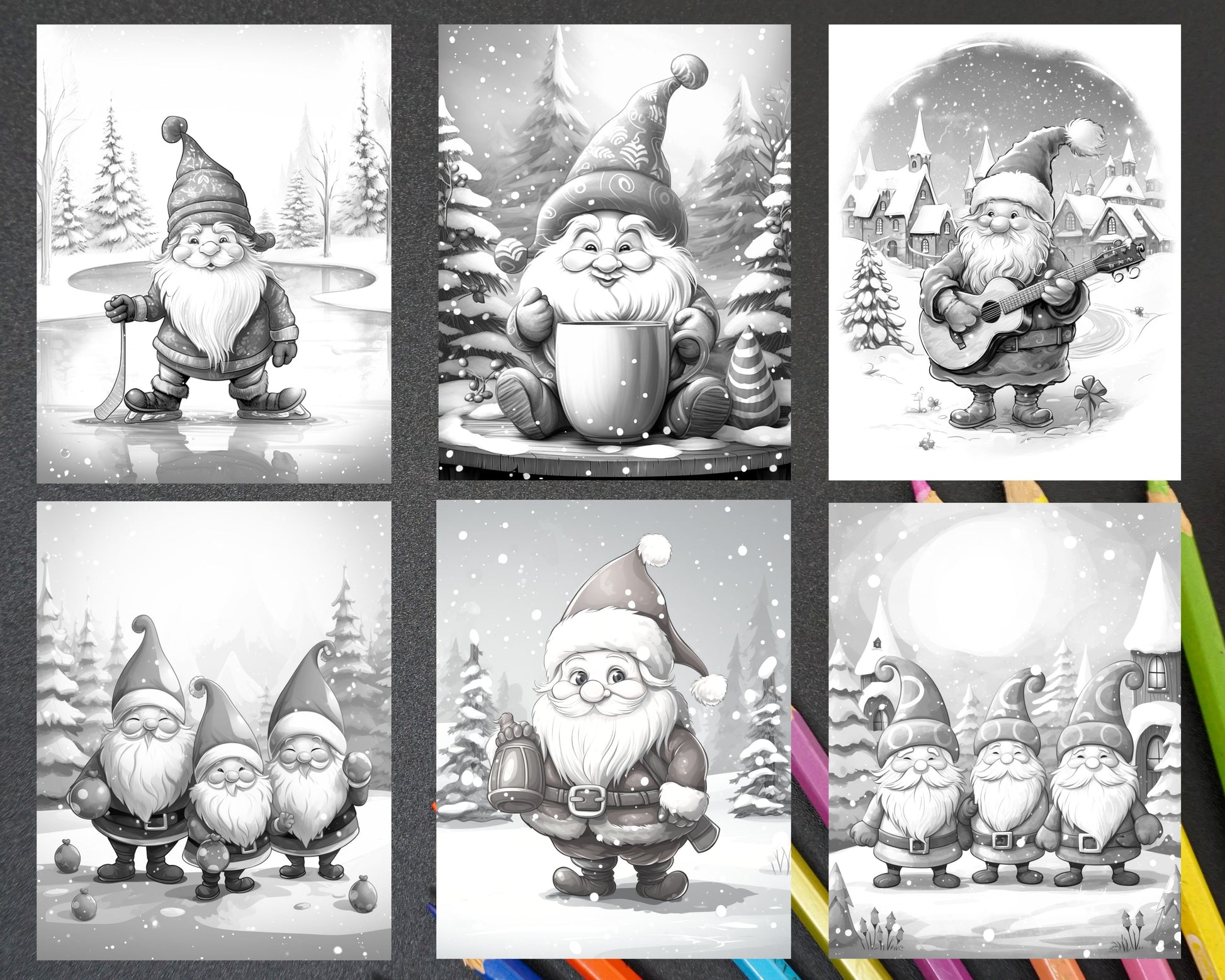 Christmas gnomes grayscale coloring pages printable for adults and â coloring