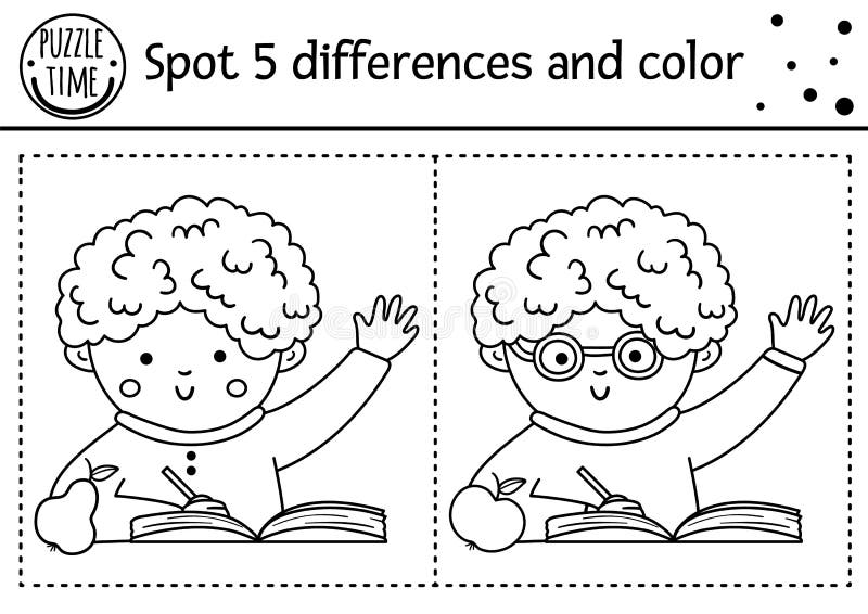 Back to school find differences game for children black and white educational activity and coloring page with school boy stock vector