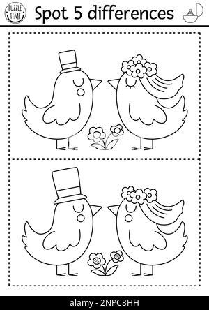 Find differences game for children wedding black and white educational activity with cute married birds couple marriage printable coloring page for stock vector image art