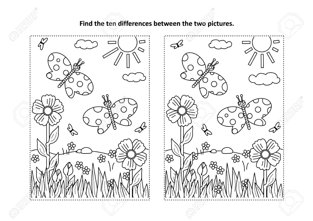 Spring or summer joy themed find the ten differences picture puzzle and coloring page with butterflies flowers grass royalty free svg cliparts vectors and stock illustration image