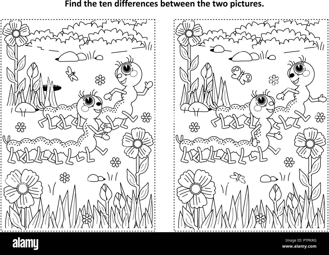 Spring or summer themed find the ten differences picture puzzle and coloring page with two cute caterpillars walking in the garden stock vector image art