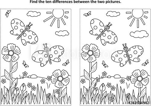 Spring or summer joy themed find the ten differences picture puzzle and coloring page with butterflies floweâ picture puzzles coloring pages butterfly pictures