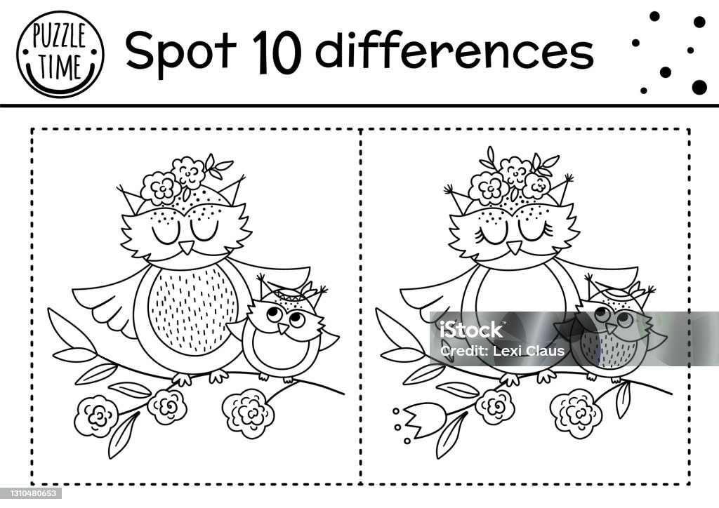 Mothers day find differences game for children with cute birds holiday black and white activity and coloring page with baby owl and mother spring printable worksheet showing family love stock illustration