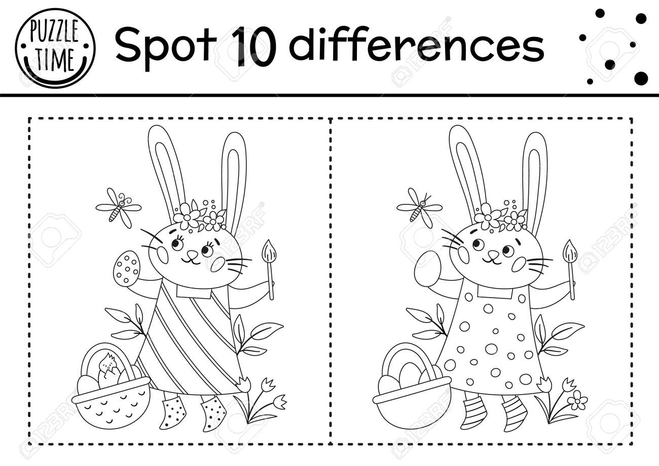 Easter find differences game for children holiday black and white educational activity and coloring page with funny bunny coloring egg spring seasonal printable worksheet with cute character royalty free svg cliparts vectors