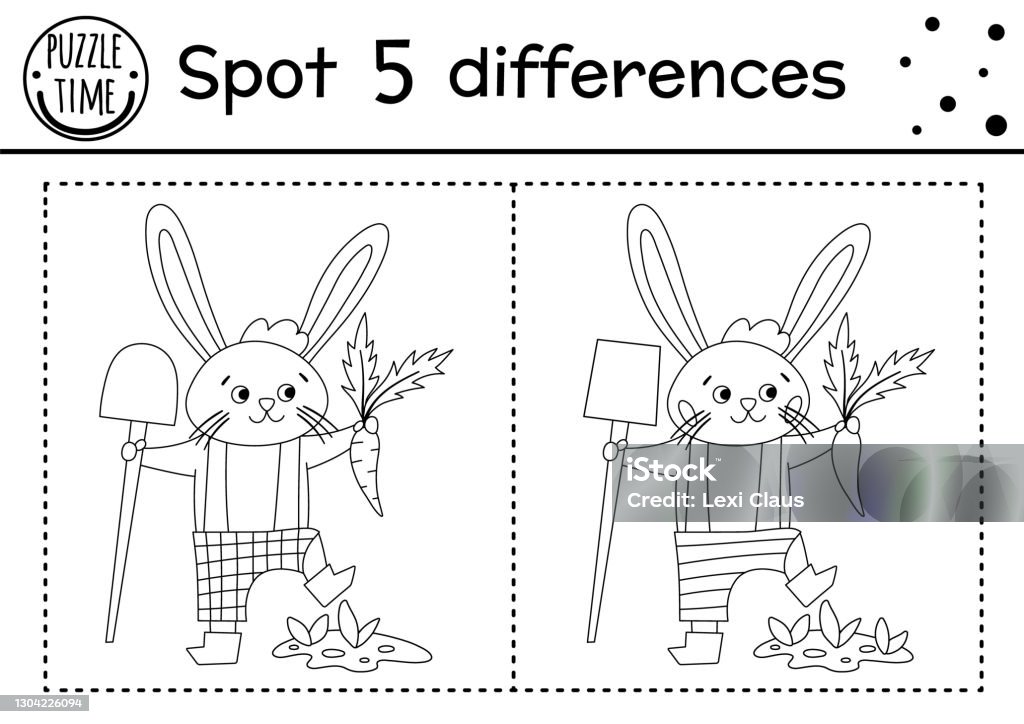 Easter find differences game for children holiday black and white educational activity and coloring page with funny bunny with spade and carrot spring garden printable worksheet with cute character stock illustration