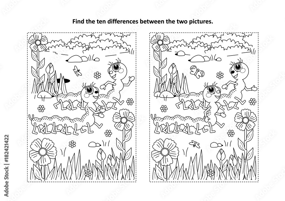 Spring or summer themed find the ten differences picture puzzle and coloring page with two cute caterpillars walking in the garden vector