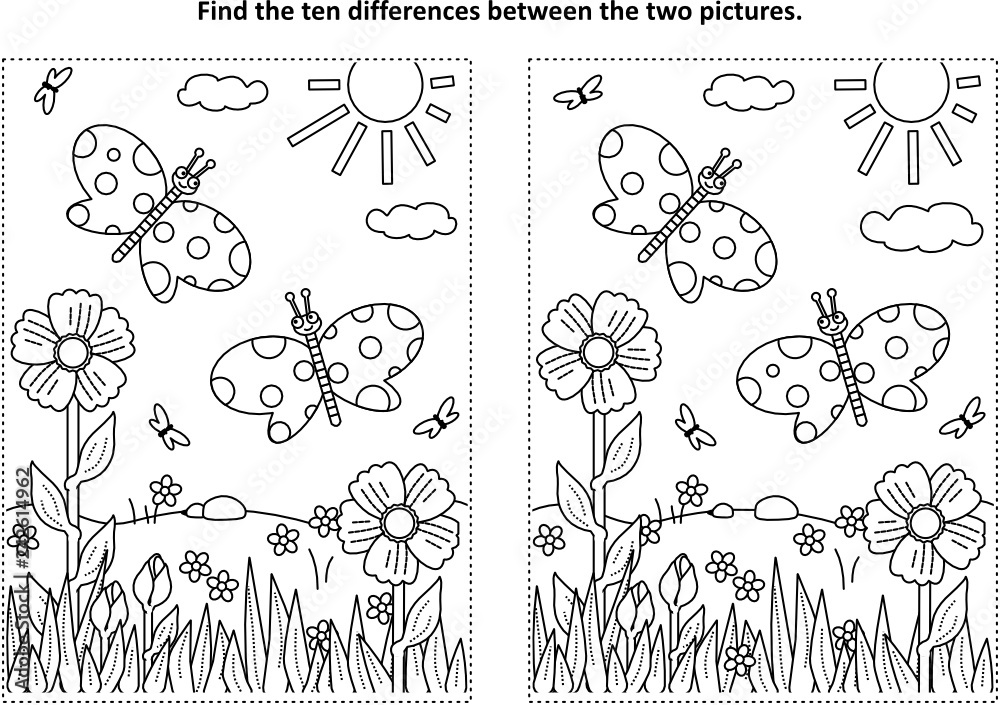 Spring or summer joy themed find the ten differences picture puzzle and coloring page with butterflies flowers grass vector