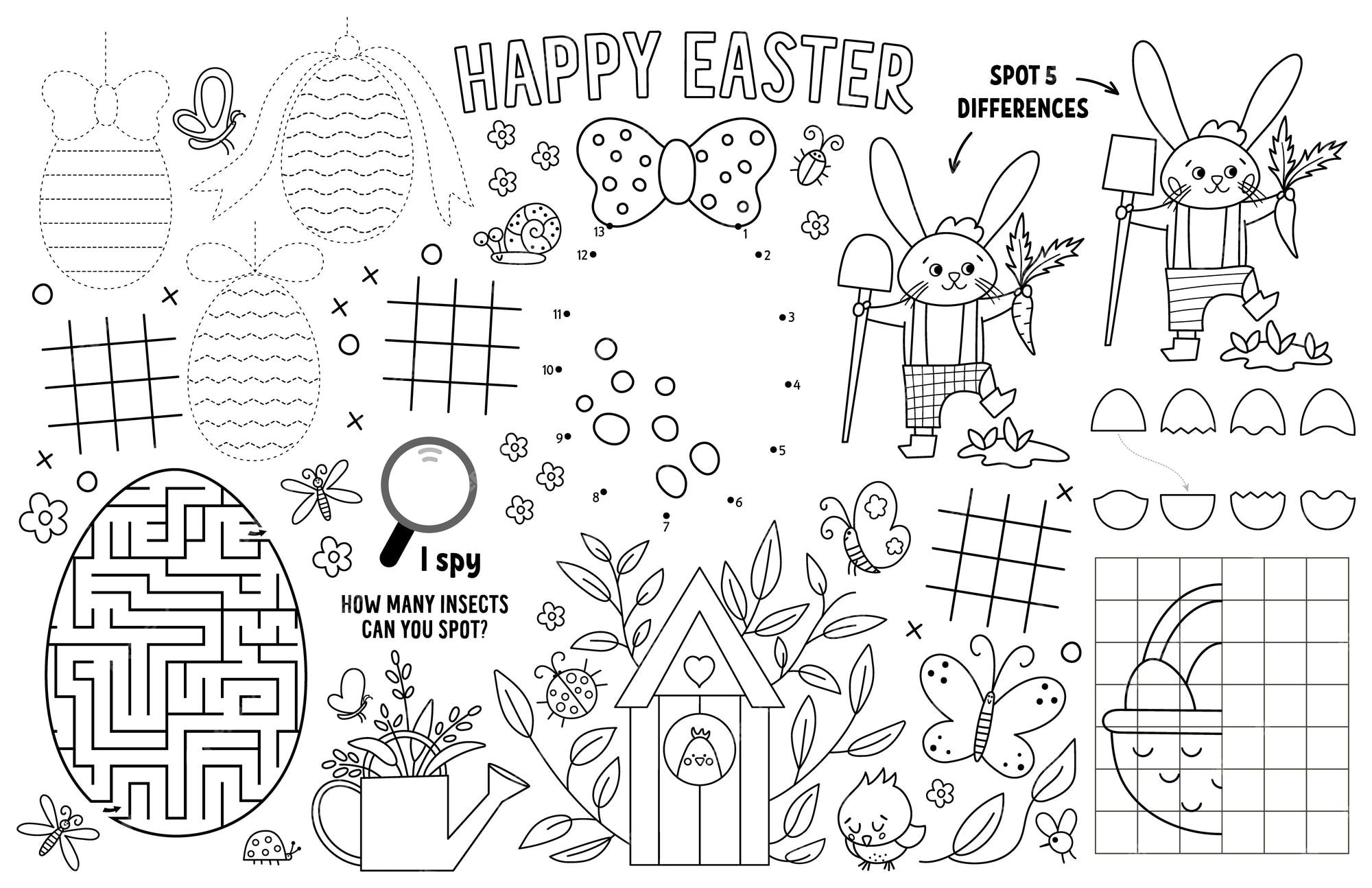 Premium vector vector easter placemat for kids spring holiday printable activity mat with maze tic tac toe charts connect the dots find difference black and white play mat or coloring pagexa