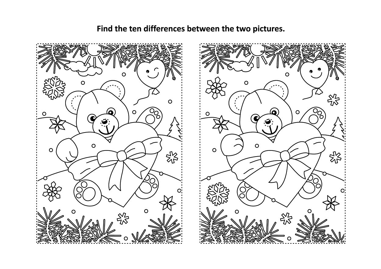 Valentines day spot the difference free printable coloring pages