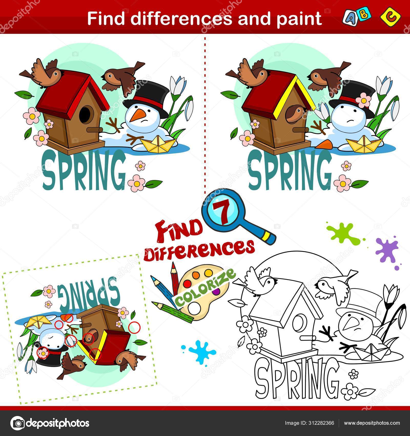 Set children schoolchildren find difference picture color spring picture depicting stock vector by huhabra