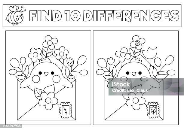 Garden black and white kawaii find differences game coloring page with cute bees and flowers in pot spring holiday puzzle or activity for kids printable what is different worksheet stock illustration