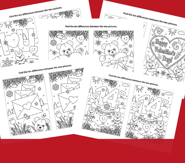 Valentines day spot the difference free printable coloring pages