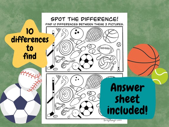 Spot the difference sports coloring sheet instant download printable game sports pdf kids activity sheet